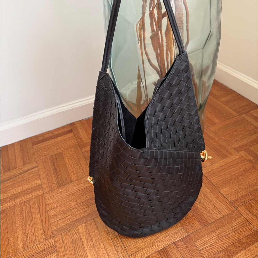 Leather Black Woven Shoulder Bag